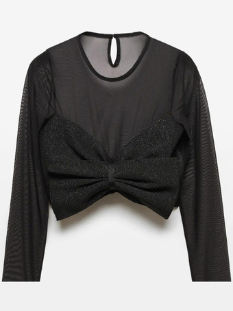 レディース クロップトップ ブラック ジュエルネック セクシー プリーツ 長袖 ポリエステル トップス