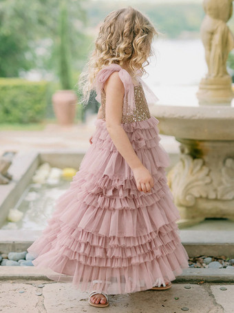 ウェディングパーティードレス プリンセス 子供用 社交パーティードレス ウェディング ウェディング フラワーガールドレス フラワーガールドレス ノースリーブ ティアード リボン ピンク