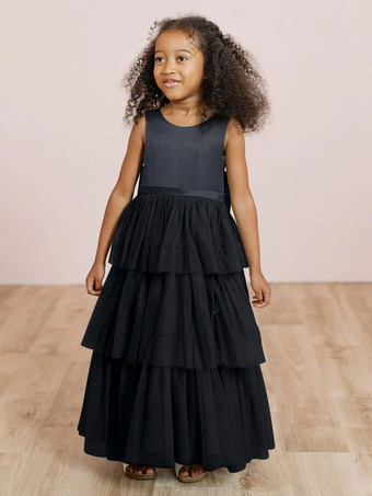 ブラックウェディングパーティードレス ウェディングスイートディナードレス フラワーガールドレス フラワーガールドレス ノースリーブ ティアード リボン ブルー グリーン