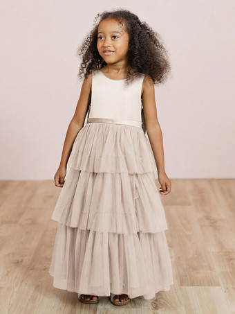 バニラクリームウェディングパーティードレス ウェディングスイートディナードレス フラワーガールドレス フラワーガールドレス ノースリーブ ティアード リボン ブルー グリーン