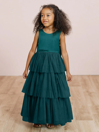 シアンウェディングパーティードレス ウェディングスイートディナードレス フラワーガールドレス フラワーガールドレス ノースリーブ ティアード リボン ブルー グリーン