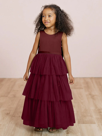 エンバーレッドウェディングパーティードレス ウェディングスイートディナードレス フラワーガールドレス フラワーガールドレス ノースリーブ ティアード リボン ブルー グリーン