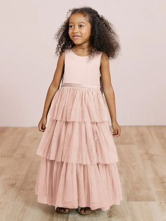 サーモンピンクウェディングパーティードレス ウェディングスイートディナードレス フラワーガールドレス フラワーガールドレス ノースリーブ ティアード リボン ブルー グリーン