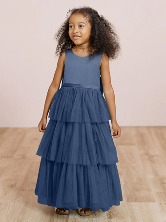 ダークネイビーウェディングパーティードレス ウェディングスイートディナードレス フラワーガールドレス フラワーガールドレス ノースリーブ ティアード リボン ブルー グリーン