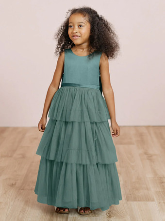 ブルーグリーンウェディングパーティードレス ウェディングスイートディナードレス フラワーガールドレス フラワーガールドレス ノースリーブ ティアード リボン ブルー グリーン