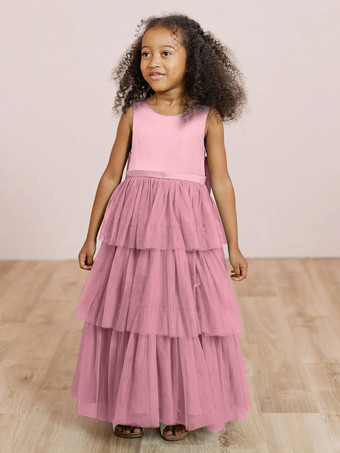 ピンクウェディングパーティードレス ウェディングスイートディナードレス フラワーガールドレス フラワーガールドレス ノースリーブ ティアード リボン ブルー グリーン