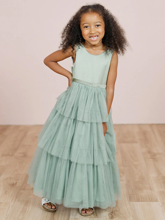 パステルグリーンウェディングパーティードレス ウェディングスイートディナードレス フラワーガールドレス フラワーガールドレス ノースリーブ ティアード リボン ブルー グリーン