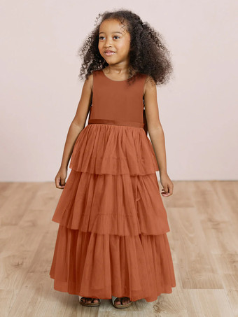 ブリックレッドウェディングパーティードレス ウェディングスイートディナードレス フラワーガールドレス フラワーガールドレス ノースリーブ ティアード リボン ブルー グリーン