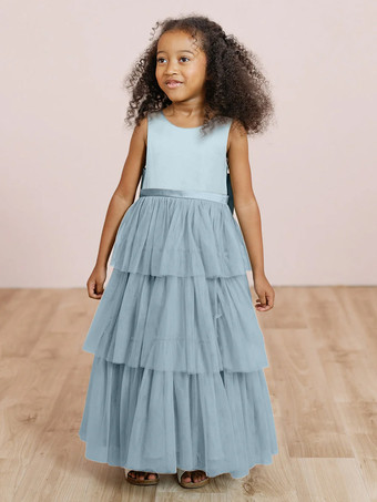 スカイブルー ウェディングパーティードレス ウェディングスイートディナードレス フラワーガールドレス フラワーガールドレス ノースリーブ ティアード リボン ブルー グリーン