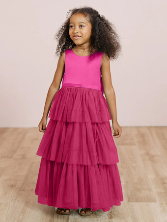 マゼンタウェディングパーティードレス ウェディングスイートディナードレス フラワーガールドレス フラワーガールドレス ノースリーブ ティアード リボン ブルー グリーン