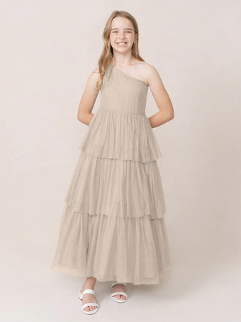 バニラクリームウェディングパーティードレス 美しい子供用社交パーティードレス ウェディング ウェディングフラワーガールドレス フラワーガールドレス ノースリーブ ティアード ライトグレー