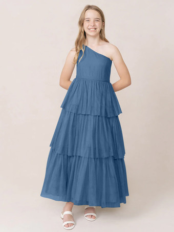 ブルーウェディングパーティードレス 美しい子供用社交パーティードレス ウェディング ウェディングフラワーガールドレス フラワーガールドレス ノースリーブ ティアード ライトグレー