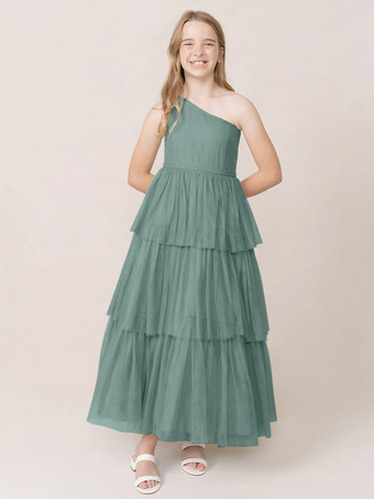 ブルーグリーンウェディングパーティードレス 美しい子供用社交パーティードレス ウェディング ウェディングフラワーガールドレス フラワーガールドレス ノースリーブ ティアード ライトグレー