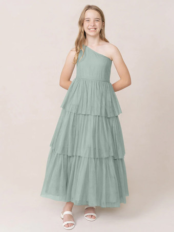 グリーン ウェディングパーティードレス 美しい子供用社交パーティードレス ウェディング ウェディングフラワーガールドレス フラワーガールドレス ノースリーブ ティアード ライトグレー