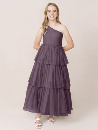 パープル ウェディングパーティードレス 美しい子供用社交パーティードレス ウェディング ウェディングフラワーガールドレス フラワーガールドレス ノースリーブ ティアード ライトグレー