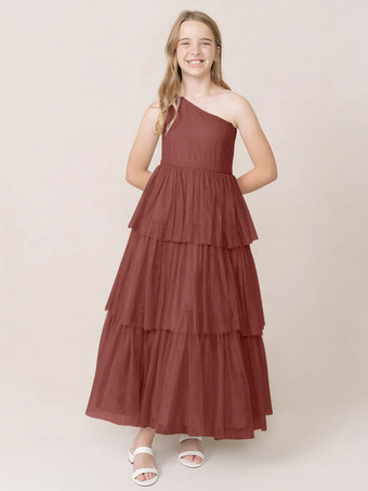 ブリックレッドウェディングパーティードレス 美しい子供用社交パーティードレス ウェディング ウェディングフラワーガールドレス フラワーガールドレス ノースリーブ ティアード ライトグレー