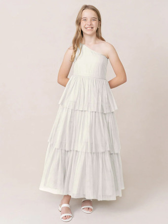 ホワイトウェディングパーティードレス 美しい子供用社交パーティードレス ウェディング ウェディングフラワーガールドレス フラワーガールドレス ノースリーブ ティアード ライトグレー