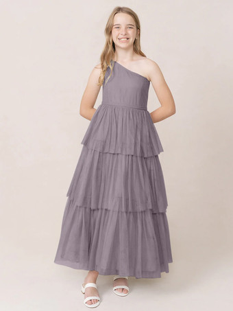 ライラック ウェディングパーティードレス 美しい子供用社交パーティードレス ウェディング ウェディングフラワーガールドレス フラワーガールドレス ノースリーブ ティアード ライトグレー