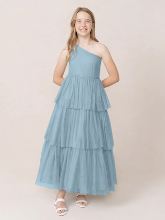 スカイブルー ウェディングパーティードレス 美しい子供用社交パーティードレス ウェディング ウェディングフラワーガールドレス フラワーガールドレス ノースリーブ ティアード ライトグレー
