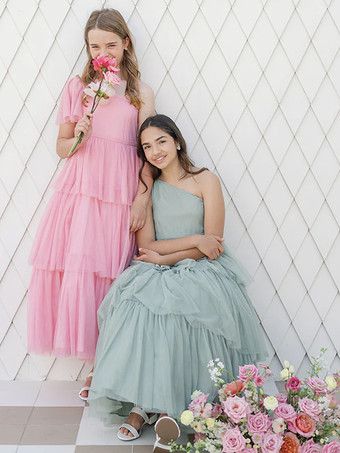 ソフトピンクウェディングパーティードレス 美しい子供用社交パーティードレス ウェディング ウェディングフラワーガールドレス フラワーガールドレス ノースリーブ ティアード ライトグレー