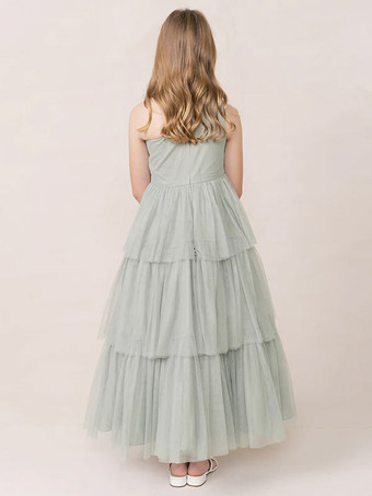 ウェディングパーティードレス 美しい子供用社交パーティードレス ウェディング ウェディングフラワーガールドレス フラワーガールドレス ノースリーブ ティアード ライトグレー