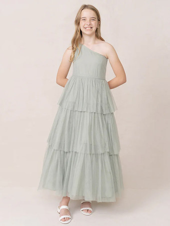 ライトグレーウェディングパーティードレス 美しい子供用社交パーティードレス ウェディング ウェディングフラワーガールドレス フラワーガールドレス ノースリーブ ティアード ライトグレー