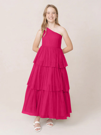 マゼンタウェディングパーティードレス 美しい子供用社交パーティードレス ウェディング ウェディングフラワーガールドレス フラワーガールドレス ノースリーブ ティアード ライトグレー