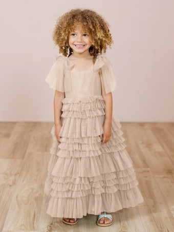 シャンパンカラーホワイトフラワーガールドレス ブラッシュピンクチュール ノースリーブ ジュエルネック フラワーガールドレス