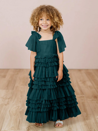 ティールグリーンホワイトフラワーガールドレス ブラッシュピンクチュール ノースリーブ ジュエルネック フラワーガールドレス