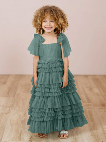 ピューターホワイトフラワーガールドレス ブラッシュピンクチュール ノースリーブ ジュエルネック フラワーガールドレス