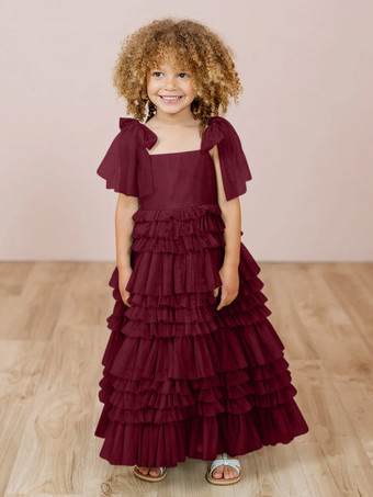 ワインレッド ホワイトフラワーガールドレス ブラッシュピンクチュール ノースリーブ ジュエルネック フラワーガールドレス