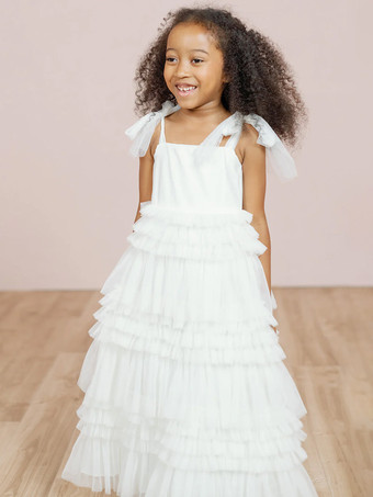 アイボリーホワイトフラワーガールドレス ブラッシュピンクチュール ノースリーブ ジュエルネック フラワーガールドレス