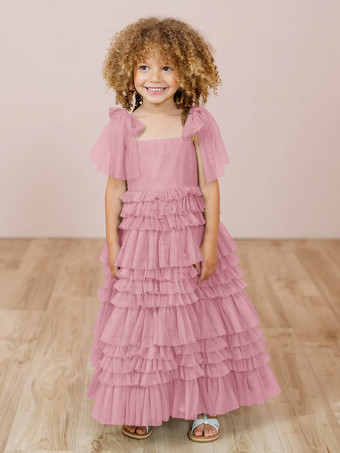 カメオピンクホワイトフラワーガールドレス ブラッシュピンクチュール ノースリーブ ジュエルネック フラワーガールドレス