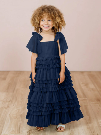 ダークネイビーホワイトフラワーガールドレス ブラッシュピンクチュール ノースリーブ ジュエルネック フラワーガールドレス