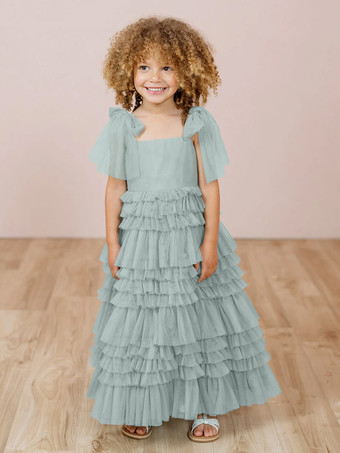 パステルブルーホワイトフラワーガールドレス ブラッシュピンクチュール ノースリーブ ジュエルネック フラワーガールドレス