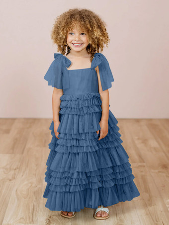 ブルー ホワイトフラワーガールドレス ブラッシュピンクチュール ノースリーブ ジュエルネック フラワーガールドレス