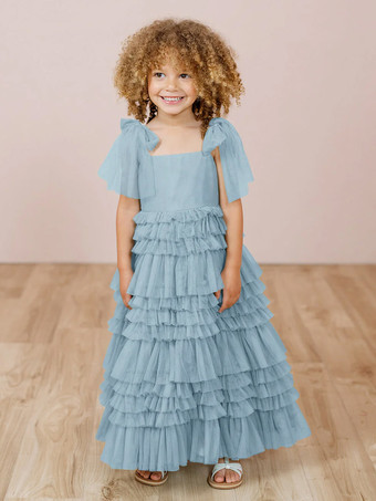 ライトスカイブルーホワイトフラワーガールドレス ブラッシュピンクチュール ノースリーブ ジュエルネック フラワーガールドレス