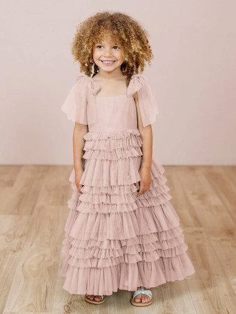 ソフトピンクホワイトフラワーガールドレス ブラッシュピンクチュール ノースリーブ ジュエルネック フラワーガールドレス