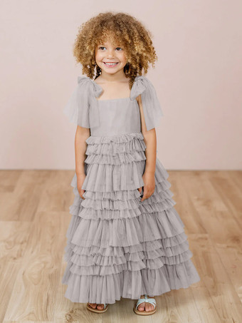 ライトグレーホワイトフラワーガールドレス ブラッシュピンクチュール ノースリーブ ジュエルネック フラワーガールドレス