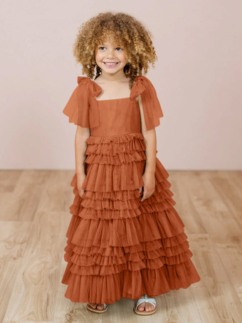 ブリックレッドホワイトフラワーガールドレス ブラッシュピンクチュール ノースリーブ ジュエルネック フラワーガールドレス