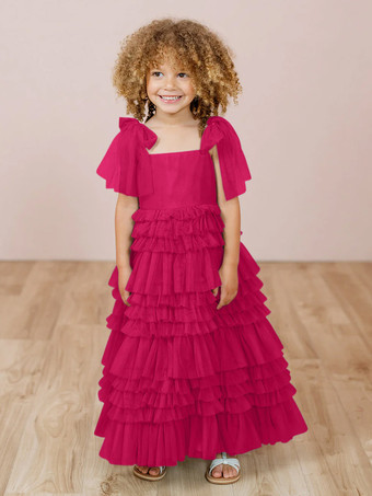 マゼンタ ホワイトフラワーガールドレス ブラッシュピンクチュール ノースリーブ ジュエルネック フラワーガールドレス