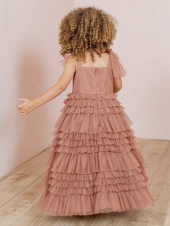 ホワイトフラワーガールドレス ブラッシュピンクチュール ノースリーブ ジュエルネック フラワーガールドレス