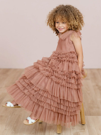 ホワイトフラワーガールドレス ブラッシュピンクチュール ノースリーブ ジュエルネック フラワーガールドレス