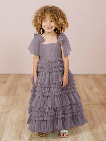 ライラックホワイトフラワーガールドレス ブラッシュピンクチュール ノースリーブ ジュエルネック フラワーガールドレス