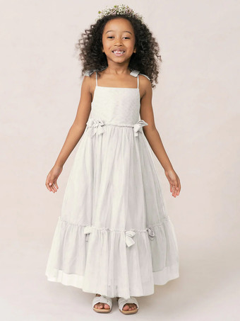 アイボリーホワイトフラワーガールドレス ソフトピンクオーガンザノースリーブジュエルネックフラワーガールドレス