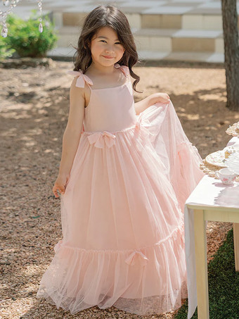 ホワイトフラワーガールドレス ソフトピンクオーガンザノースリーブジュエルネックフラワーガールドレス