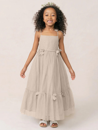 ライト アプリコットホワイトフラワーガールドレス ソフトピンクオーガンザノースリーブジュエルネックフラワーガールドレス