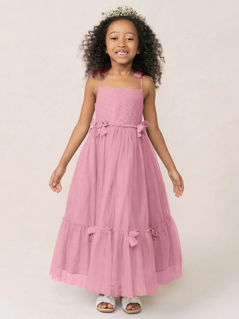 ピーチホワイトフラワーガールドレス ソフトピンクオーガンザノースリーブジュエルネックフラワーガールドレス