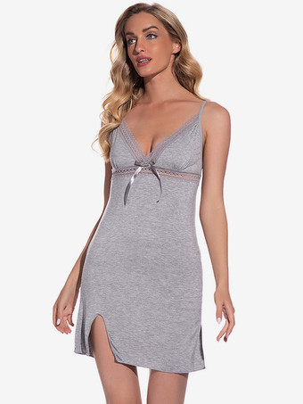 グレイ女性用シュミーズ リボン バックレス ランジェリー スリープウェア