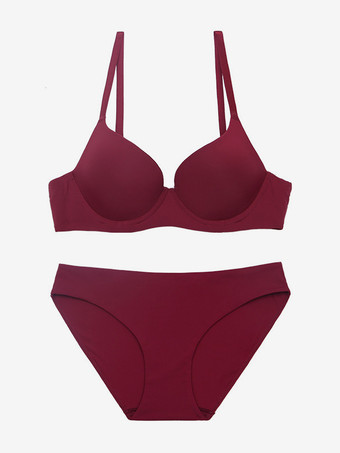 ワインレッド シンプル ブラ パンティ セット ヌード ギャザー 2ピース カジュアル ランジェリー